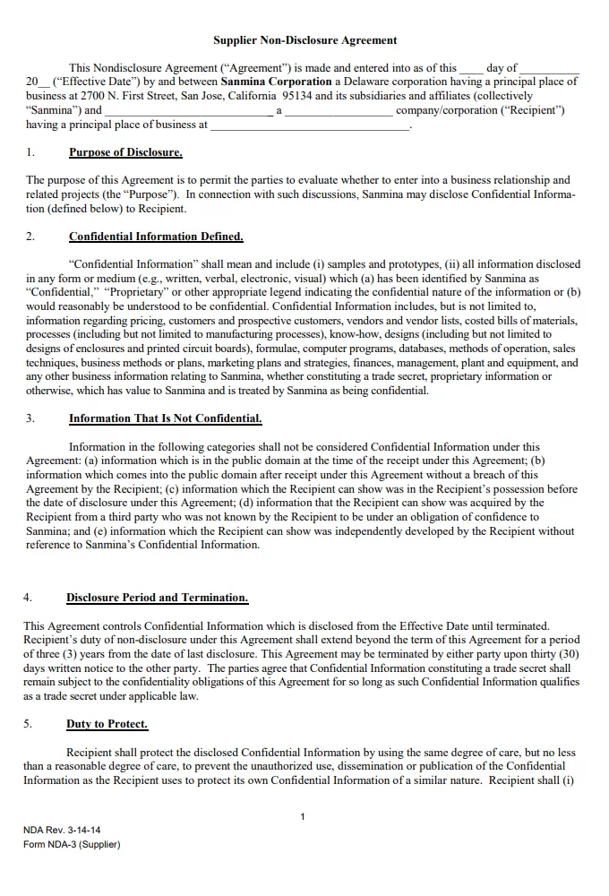 Supplier Non-Disclosure Agreement Template