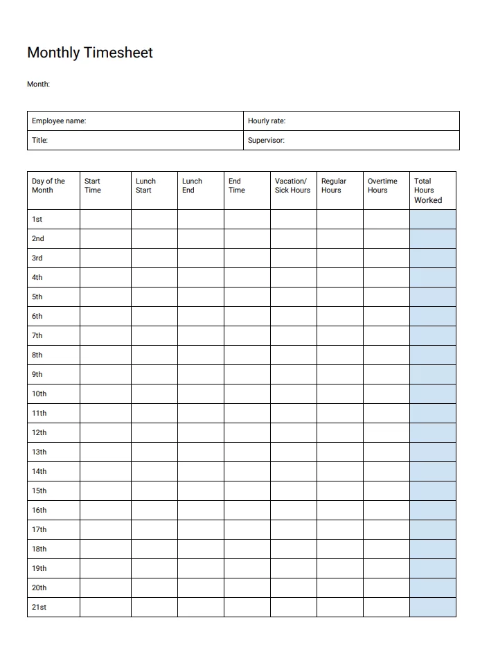 Monthly Time Sheet Template