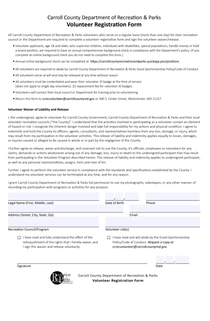 Volunteer Registration Form Template