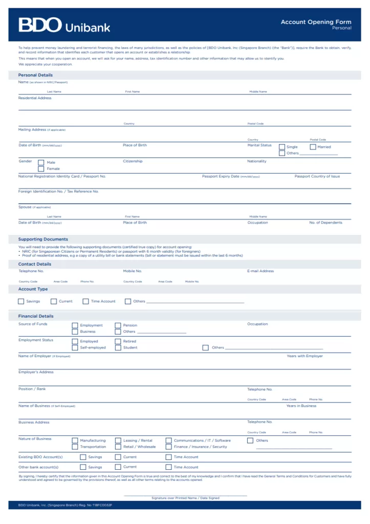 Bank Account Form Sample