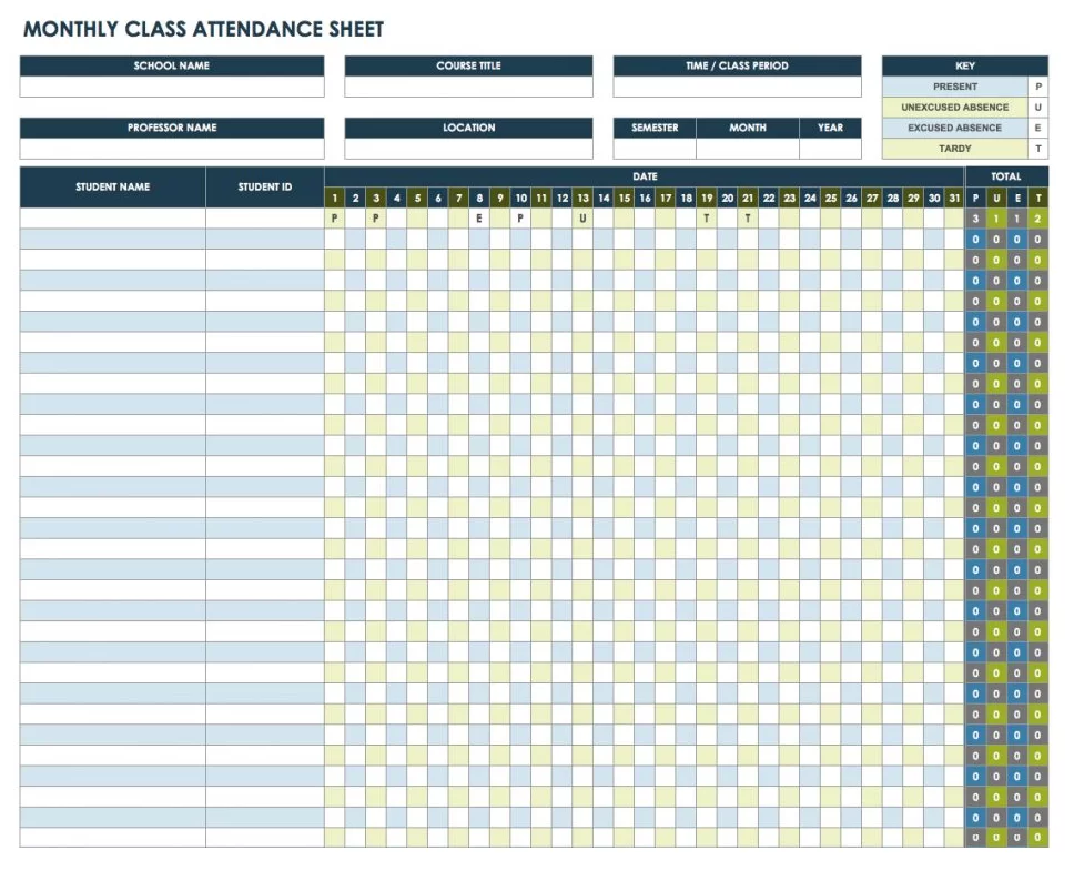 Monthly Class Attendance List Template