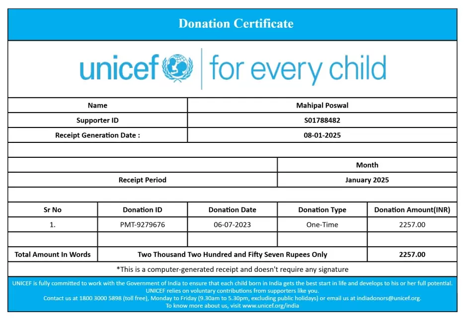 UNICEF Donation Certificate Template